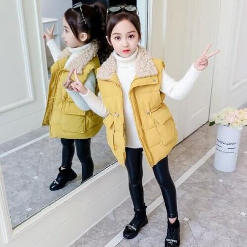 Girls Winter Vest Teenage Girls Vest Zipper Waist Tie Jacket Coat Tops Girl Thicken Fure Collar Warm Vest Outerwear