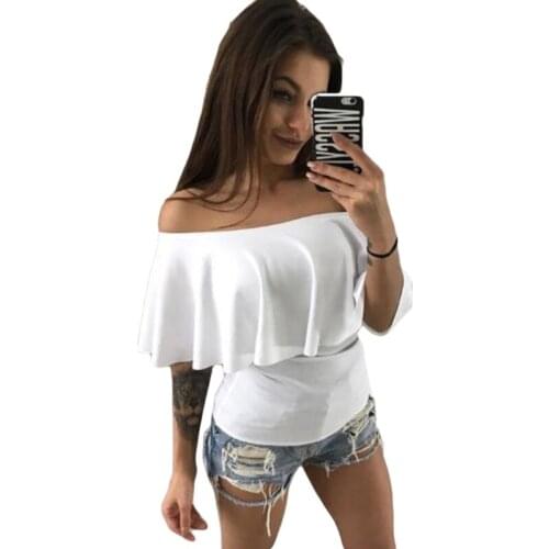 Off Shoulder Women Blouse Shirts Short Sleeve Casual Solid Ruffles Slash Neck Women Blouse Slim Lady Blusas Female Tops