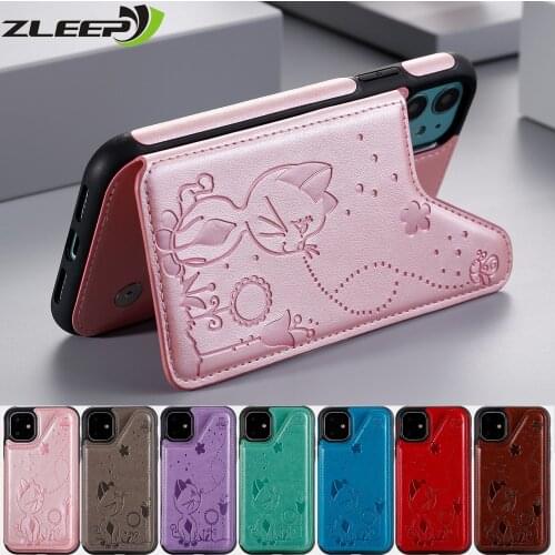 Bee Cat Leather Case For iPhone 12 Mini 11 Pro X XS Max XR SE 2020 6 6s 7 8 Plus Capa Card Slot 8plus Etui Flexible Phone Cover