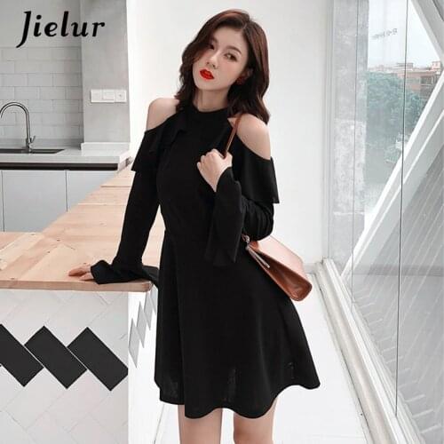 Jielur Hollow Sexy Off Shoulder Dress Black S-XL Korean New Autumn Long Sleeve Dress for Women Casual Street Vestidos Mujer 2021