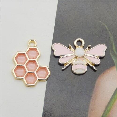 Julie Wang 4PCS Enamel Pink Bee Honeycomb Charms Mixed Hive Honeybee Pendants Alloy Necklace Bracelet Jewelry Making Accessory