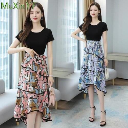Summer Dress Women 2021 New Cotton Slimming Crop Top T-shirt Chiffon Skirt Two-piece Female O-Neck Flower Plus Size Dresses Suit