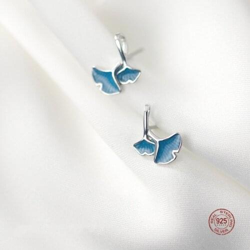 LKO Fashion Blue Apricot Leaf Stud Earrings for Women 925 Sterling Silver Minimalist Romantic Jewelry Gift Party Accessories
