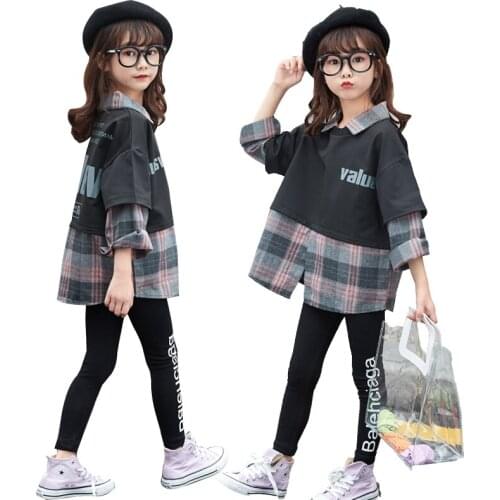 Fashion Spring Autumn Kids Girls Clothing Sets Plaid Long Sleeve Top+Letter Legging Pants 2Pcs Teen Girl Clothes For 10 12 Year