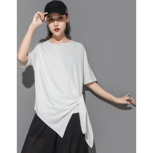 Fashion Stitching Irregular T-Shirt Women Blouse Bowknot Slim Short Sleeved Top Loose Stretch Cotton Summer Dress Black White