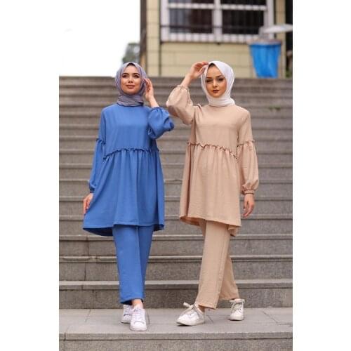 Muslim Two Piece Set Women Caftan Marocain Soild Oversized Tops and Pants Ramadan Abaya Dubai Hijab Suit Traf Clothes Plus Size