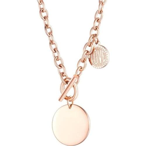 Stainless Steel Rose Gold Round Disc Coin Pendant Necklace Delicate Love Engrave Necklaces Women Gift For Him
