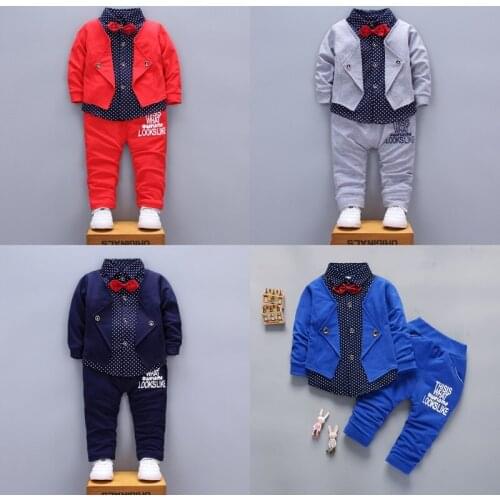 New Cotton Gentleman Suit Baby Boy Clothes Set Bow Fake Two Long Sleeve Suit Tops+trousers Wedding Party Kids Boy Clothing 0-24M