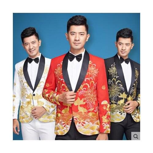 Singer star style dance stage embroidery clothing men suit 2020 mens wedding suits costume groom formal dress red white black