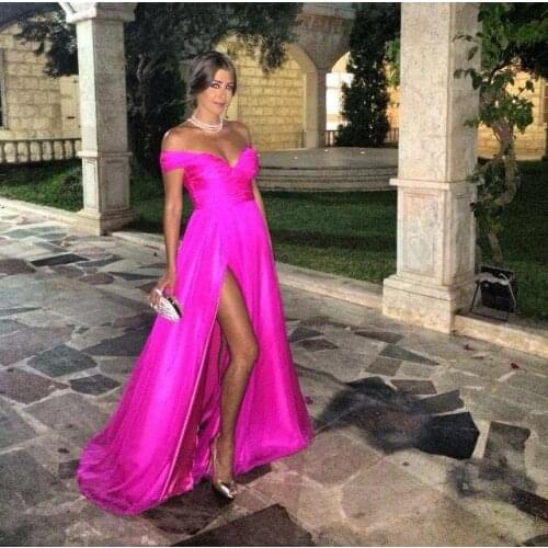 Fuchsia Thigh high Slits Prom Dresses Sheath Off the Shoulder Deep V Neck Vestidos De Baile Cheap From Online Shop 2016