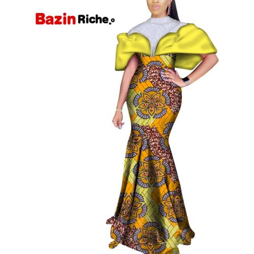 African Print Mermaid Wedding Prom Dress Fashion Lace Patchwork with Pearls Clothing for Ladies Party WY987