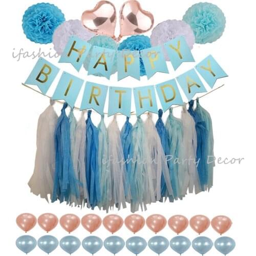 Rose Gold Party Decoration Happy Birthday Banner Tassel Garland Balloons for Wedding Bridal Shower Kids Party Supplies Backdrop