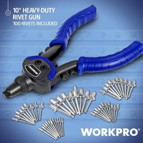 WORKPRO 10" Hand Riveter Rivet Nut Guns Heavy Duty Rivet Gun 100-Piece Rivets Includedwith 5 Replaceable Nosepieces
