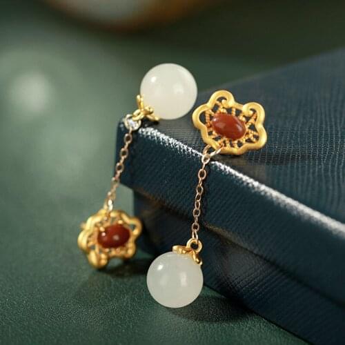 S925 Sterling Silver Inlaid Hetian Jade White Jade South Red Auspicious Cloud Ball Stud Earrings Retro Personalized Ear Jewelry