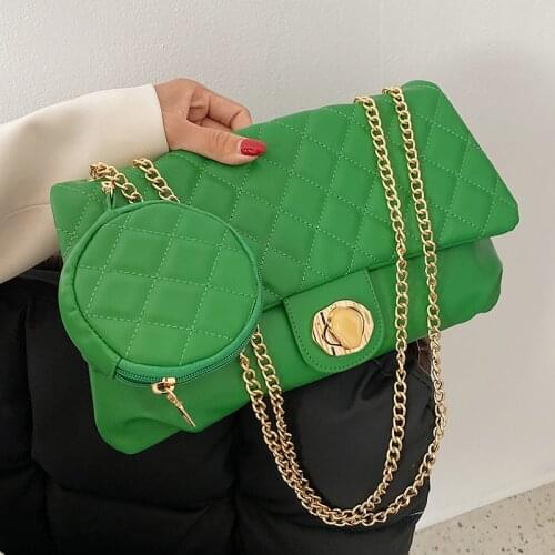Diamond Lattice Women Crossbody Bags 2PCS/SET Quilted Chain Shoulder Bag Female Lozenge Flap Wallet Messenger Bag Green Handbags