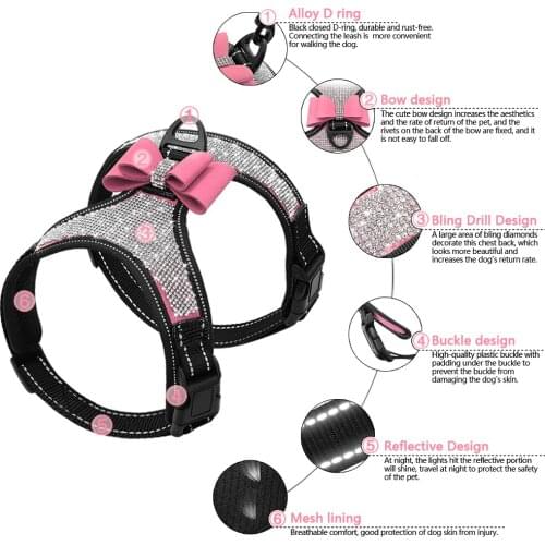Reflective Diamond Bling Rhinestone Bowknot Cat Vest Harness Nylon Kitten Leash Cat Chest Strap Belt Small Medium Pet Supplies
