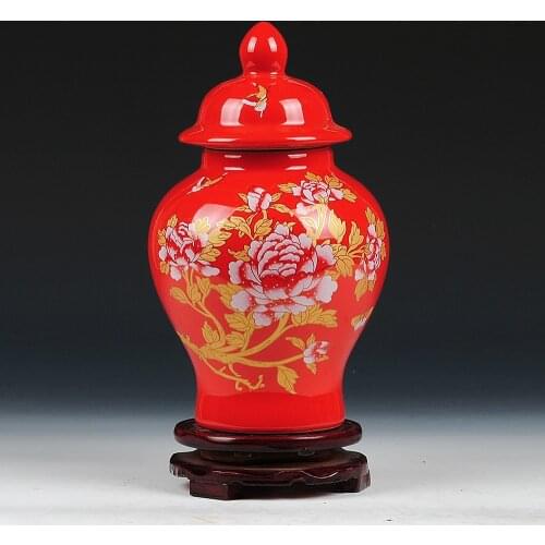 Traditional Chinese Red Peonies Flower Ceramic Ginger Jars Antique Porcelain Decoration For Boss Office