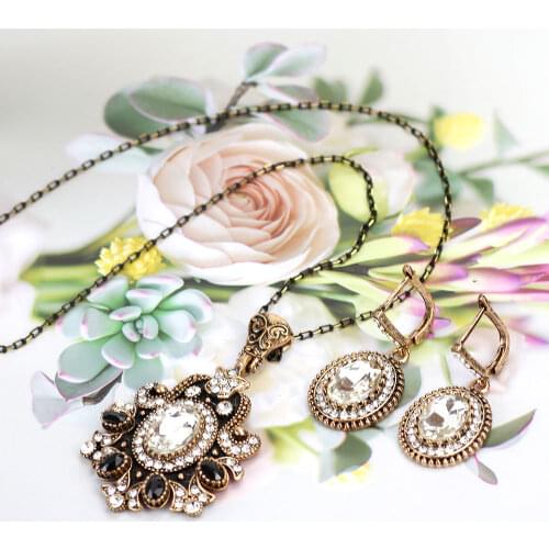 Vintage Turkish Women ImitationTurquoise Flower Jewelry Set Hook Earring Retro Ring Pendant Necklace Antique Silver Color Bijoux