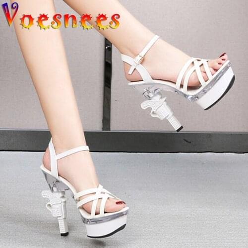 Voesnees Strange Seyle Sansals Women Shoes 2021 Summer new Platform Sexy Pistol Heel 14cm High Heels Cross-tied Wedding Shoes