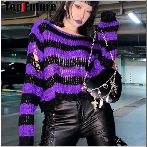 Women Girl Sweater Gothic Punk Striped Knitted Sweater Jumper Loose Female Harajuku hole Decadence and laziness short Pullover