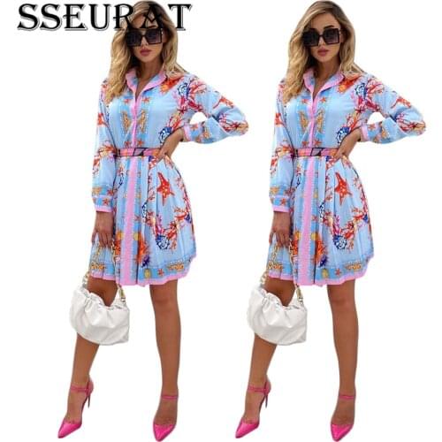 SSEURAT Women Autumn Pleated Dresses New Turn-down Collar Long Sleeve High Waist Print Shirt Vintage Dress