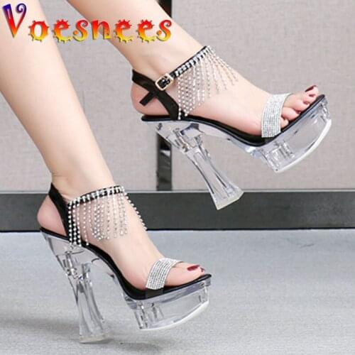 Voesnees Summer Fashion Crystal Diamond Tassel PVC Transparent Sandals Women Shoes 14CM One Word Band Platform High Heels 2021