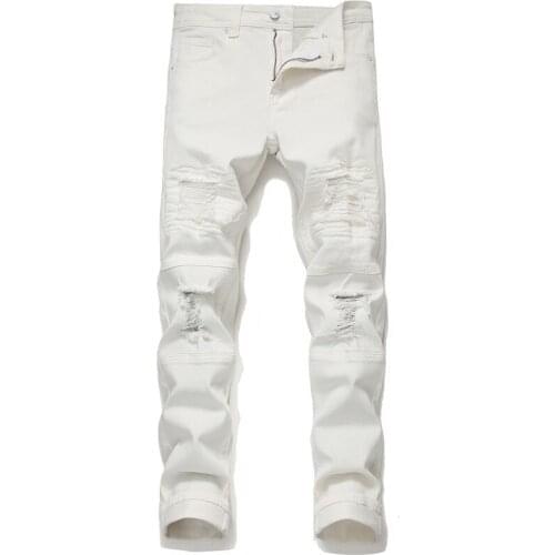 Fall/winter Ripped Jeans Patch Distressed Micro Stretch White Casual Pants Pencil Male Youth Fashion Streetwear Pants