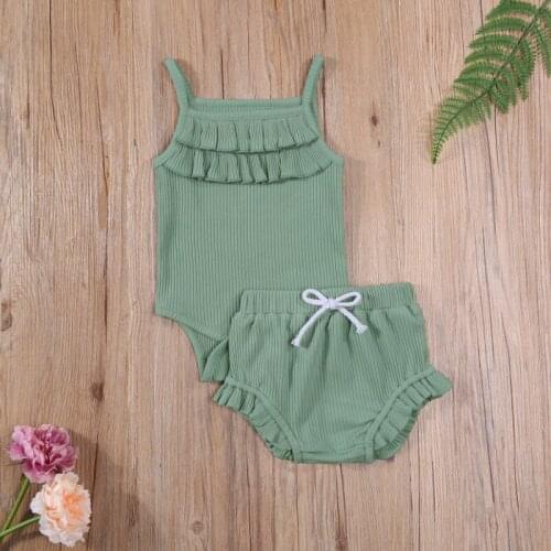 Baby Solid Color Clothes Set Summer 2021, Girls Sleeveless Ruffles Square Collar Sling Romper+Drawstring Shorts