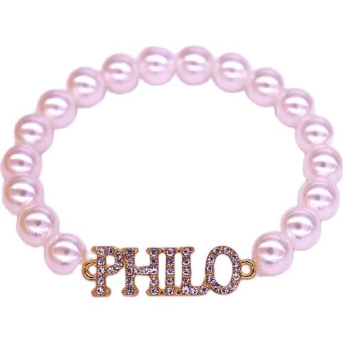 Handmade Elastic White Imitation Pearl Clear Rhinestone Greek Letter PHILO Bracelets Sorority Jewelry