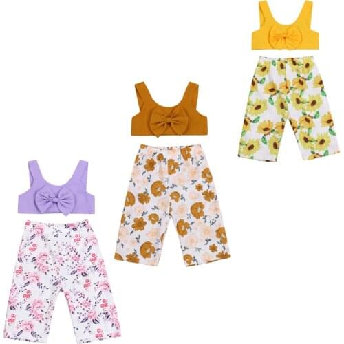 FOCUSNORM 1-6Y Summer Kids Girls Clothes Sets 2pcs Bowknot Sleeveless Solid Vest Tops Flowers Printed Pants