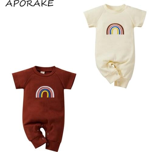 2021 0-18M Newborn Baby Boy Girl Jumpsuit Summer New Rainbow Embroidery Short Sleeve O Neck One Piece Romper