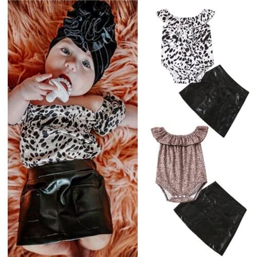 2PCS New Toddler Baby Girls Summer Outfits Fashion Off Shoulder Leopard Print Bodysuit+Leather Skirt Set Infant Clothes Set