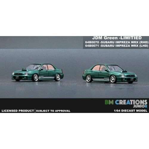 New 1/64 Scale Subaru 2001 Impreza WRX Custom Green Miniature Car by BM Creations JUNIOR Diecast toys 3 inches For Collection