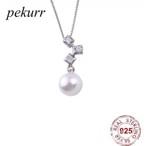 Pekurr 925 Sterling Silver Zircon Square Cube Shell Pearl Necklaces For Women Pearl Pendants Geometry Fashion Jewelry Gifts
