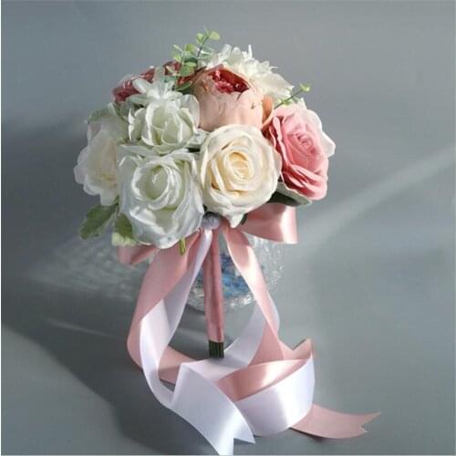 SESTHFAR Bridal Pink Bouquet Mariage Rose Brides Bouquet flower Wedding Decoration Artificial Peony Bouquet Supplies