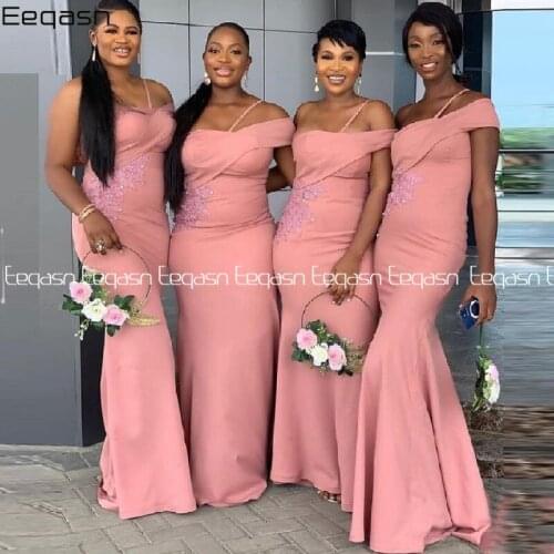 Mermaid Bridesmaid Dresses Floor Length Sweep Train Silk Satin Pleated Bridesmaid Gowns Lace Wedding Party Bridemaid Dresses