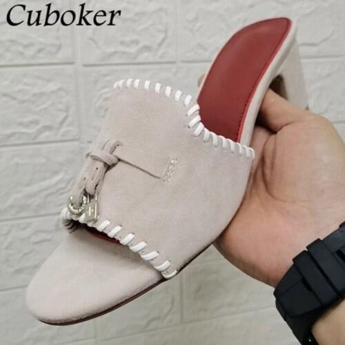 Summer Women Chunky Heel Slippers Metal Lock Decor Sewing Slides Brand Designer Kid-Suede Female Slip On Mules Women Mujer