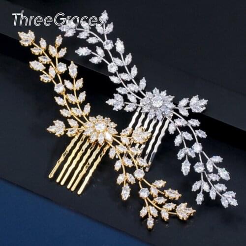 ThreeGraces Luxury Women Wedding Jewelry Beautiful Yellow Gold CZ Stone Leaf Flower Brides Hair Decoration Accessories HA021