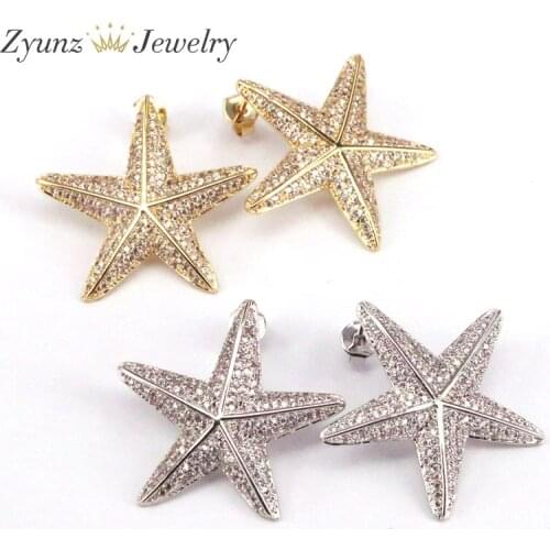 5 Pairs, Gold / Silver Color Chic Full Cubic Zirconia Pave Clear CZ Big Star Earrings for Ladies Jewelry