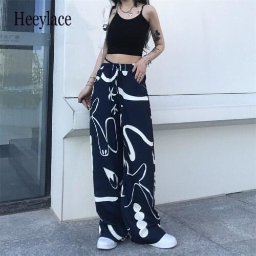 Vintage Anime Print Women Pants 90s Korean Fashion Streetwear Oversize Baggy Blue Wide leg Trousers For Female Cyber Y2K