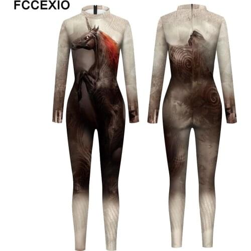 FCCEXIO Running Horse 3D Print Women Jumpsuit Carnival Hallowmas Party Cosplay Costume Bodysuit Adults Onesie Skinny Outfits
