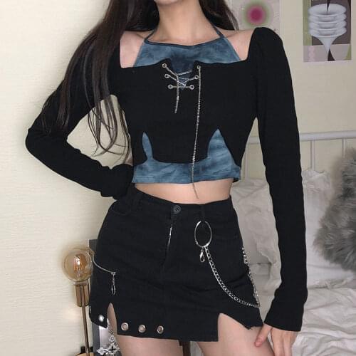 Gothic Sweet Girl 2021 Spring/Autumn Korean Sexy Harajuku Women Tie Dye Halter + Skirt Suit Strapless Chain Dancer Patchwork Set