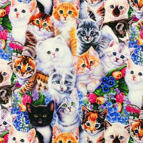 100% Cotton Fabric Pink Cartoon Cats family Pattern Fabric Digital Print Sewing Material DIY Home Patchwork Dress Clothing