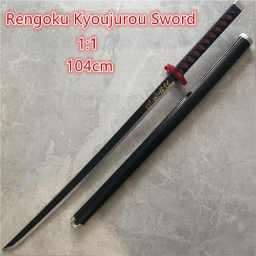 104cm Demon Slayer Cosplay Sword 1:1 Rengoku Kyoujurou Black Sowrd Anime Ninja Knife Kimetsu no Yaiba Sword Weapon PU Model Gift
