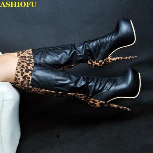 ASHIOFU Handmade Womens High Heel Boots Sexy Night-club Party Knee Boots Platform Winter Evening Fashion Dance Boots Shoes