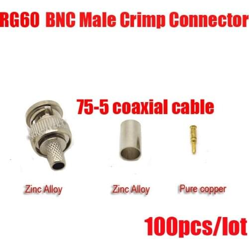 Free shipping 100PCS/Lot BNC male crimp plug for 75-5 RG60 coaxial cable, RG60 BNC Connector 3-piece crimp connector plugs RG60
