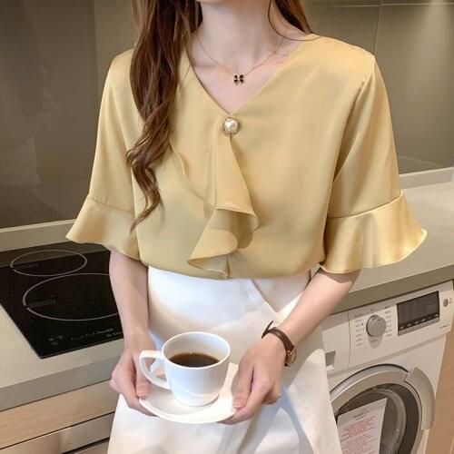Blouse Top Women Ruffled V-neck Flared Sleeve Short Sleeve Shirt 2021 Summer Korean Fashion Blusas De Mujer