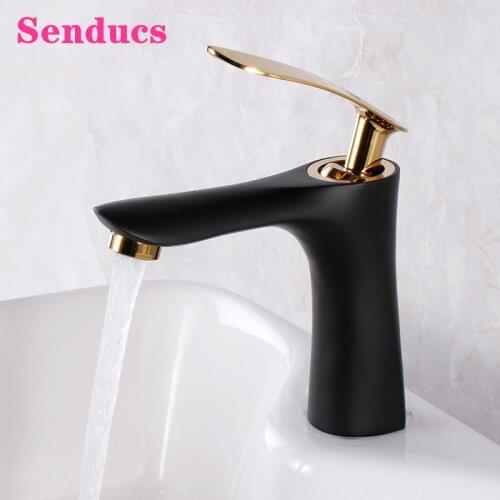 Black Gold Bathroom Faucet Senducs Hot Cold Bathroom Mixer Tap Copper Basin Faucet Modern Black Gold Basin Sink Mixer Faucets