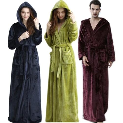 Women Men Extra Long Warm Flannel Bathrobe Winter Bath Robe Bridesmaid Hooded Dressing Gown Sexy Bride Robes Men Night Sleepwear