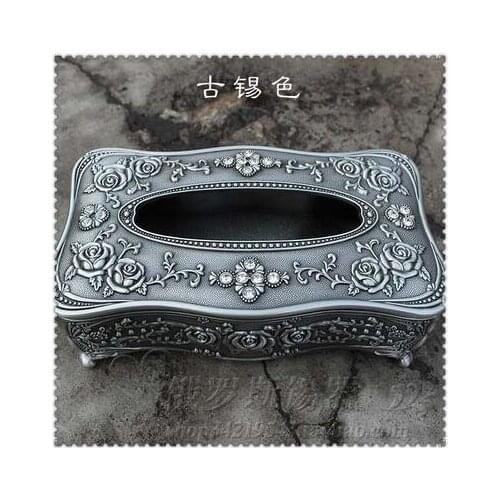 Classic luxury tin alloy metal rectangle tissue box napkin paper decorative tissue box cover embossed rose diamond inlayedZJH022
